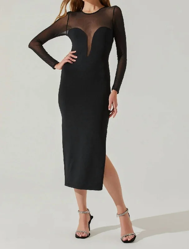 ladies-midi-dress-flirty-look-Leona Mesh Midi Sweater Dress In Black