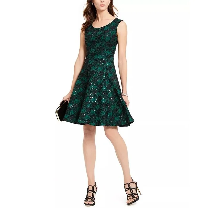 ladies-trumpet-dress-winter-fashion-INC International Concepts Women's Sequined Lace Fit & Flare Dress Green Size 8