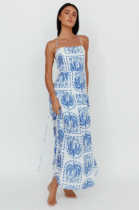 ladies-maxi-dress-matte-look-Natasia Halterneck Maxi Dress Palm Print Blue