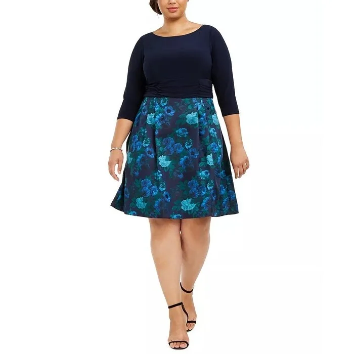 ladies-trumpet-dress-slit-front-Jessica Howard Women's Plus Size Fit & Flare Dress Blue Size 24