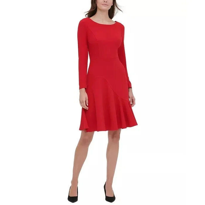 ladies-trumpet-dress-lace-detail-Tommy Hilfiger Women's Asymmetrical Fit & Flare Dress Red Size 6