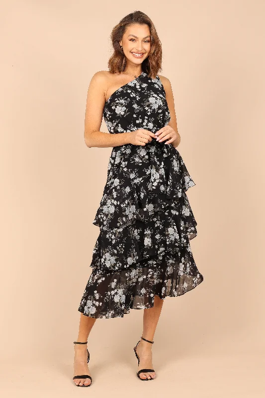 ladies-midi-dress-button-down-Brigette One Shoulder Tiered Midi Dress - Black Floral