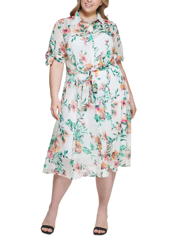 ladies-midi-dress-soft-fabric-Plus Womens Printed Midi Shirtdress