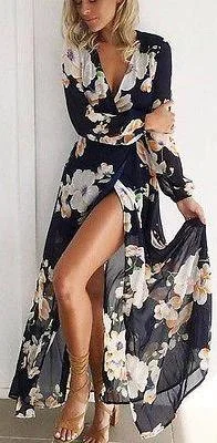 ladies-floral-dress-indigo-florals-Floral Print Long Sleeve Boho Dress