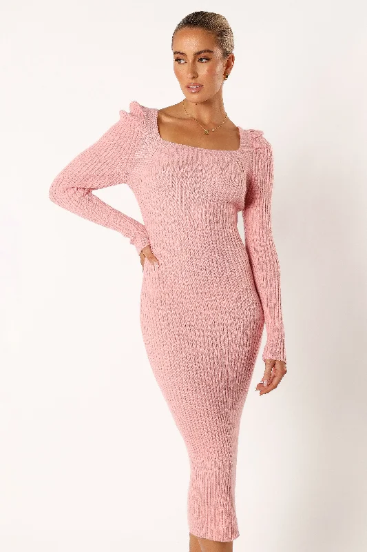 ladies-midi-dress-influencer-pick-Camryn Puff Sleeve Knit Sweater Midi Dress - Blush