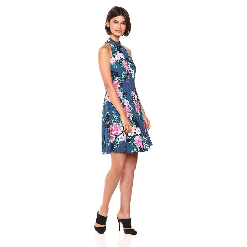 ladies-trumpet-dress-solid-color-Vince Camuto Women's Floral Racerback Fit and Flare Dress 12" - Blue