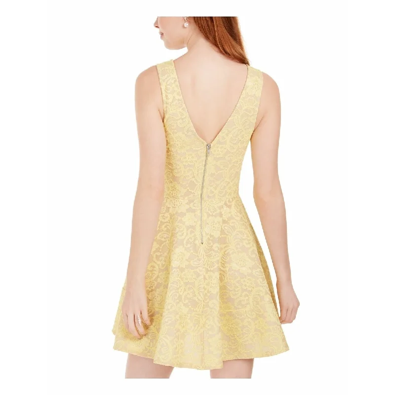 ladies-trumpet-dress-a-line-Speechless Juniors' Lace Fit & Flare Dress Yellow Size 11