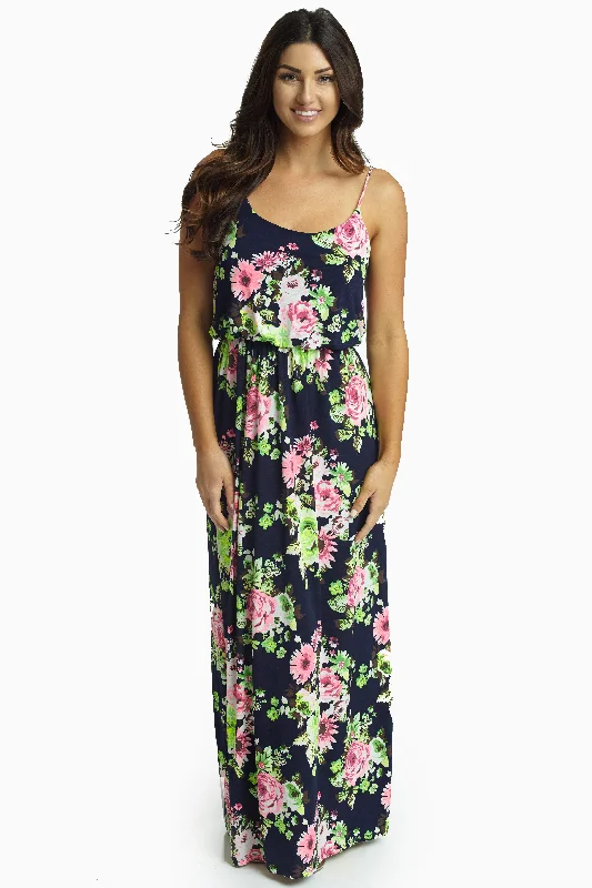 ladies-floral-dress-rose-gold-Navy Blue Vibrant Floral Maxi Dress