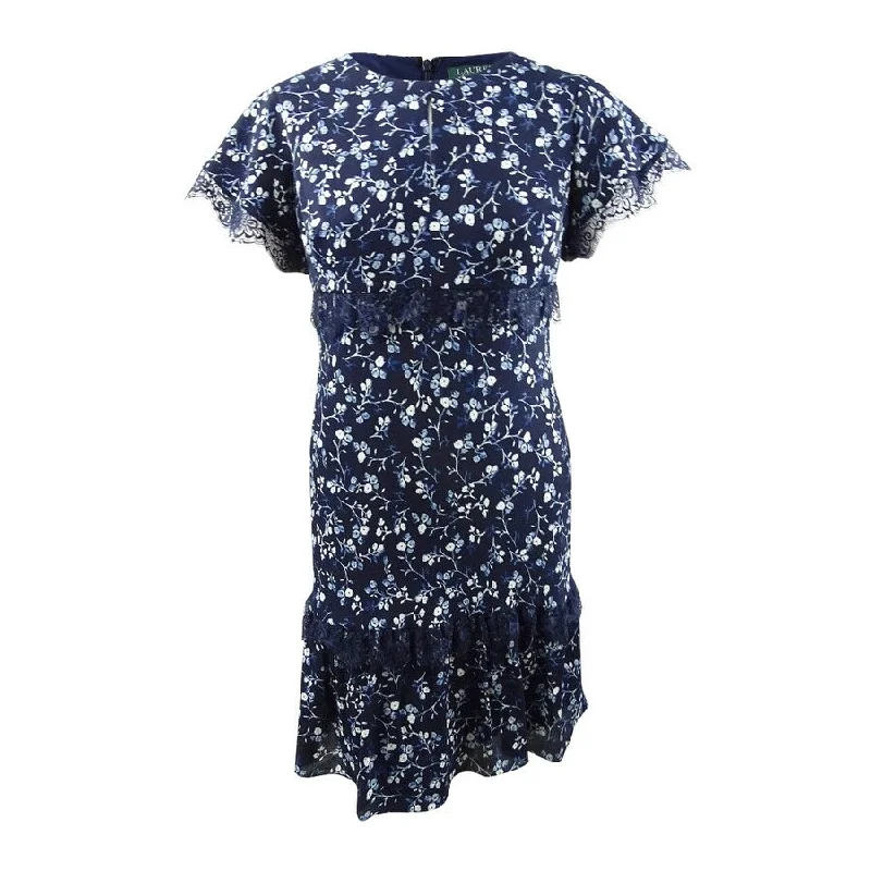 ladies-floral-dress-lavender-print-Lauren by Ralph Lauren Women's Lace-Trim Floral Printed Dress (16, Navy Multi)