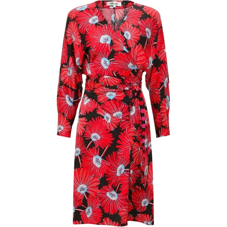 ladies-floral-dress-wildflower-look-Diane von Furstenberg DVF Women's Mikah Red Floral Long Sleeve Wrap Dress, Feather Fan