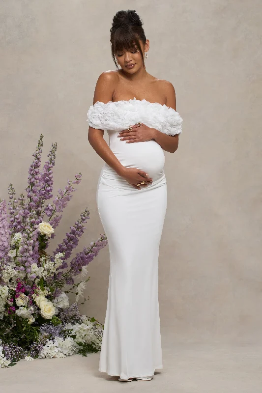 ladies-floral-dress-square-neck-Inflorescence | White Mesh Floral Bardot Maternity Maxi Dress