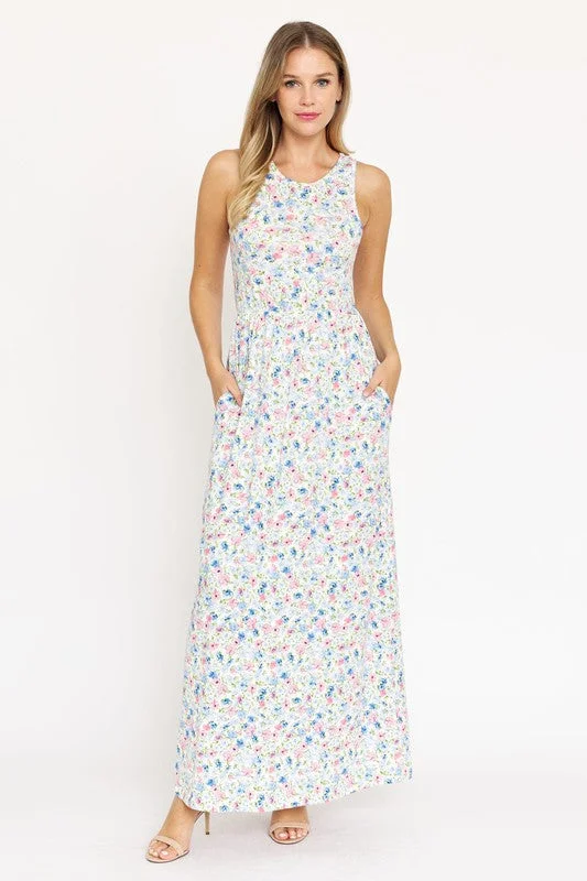 ladies-floral-dress-asymmetrical-Pastel Floral Sleeveless Maxi Dress