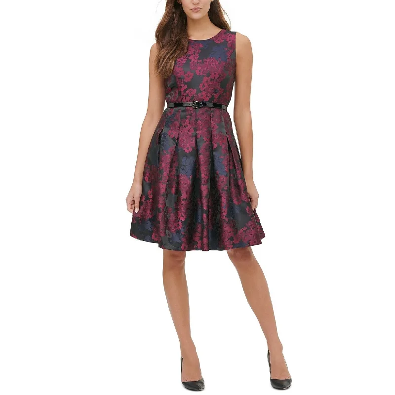 ladies-trumpet-dress-solid-color-Tommy Hilfiger Women's Petite Belted Jacquard Fit & Flare Dress Wine Size 8