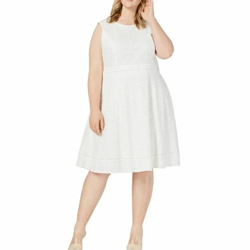 ladies-trumpet-dress-flattering-fit-Calvin Klein Women's Plus Size Eyelet Fit And Flare Dress White Size 14W