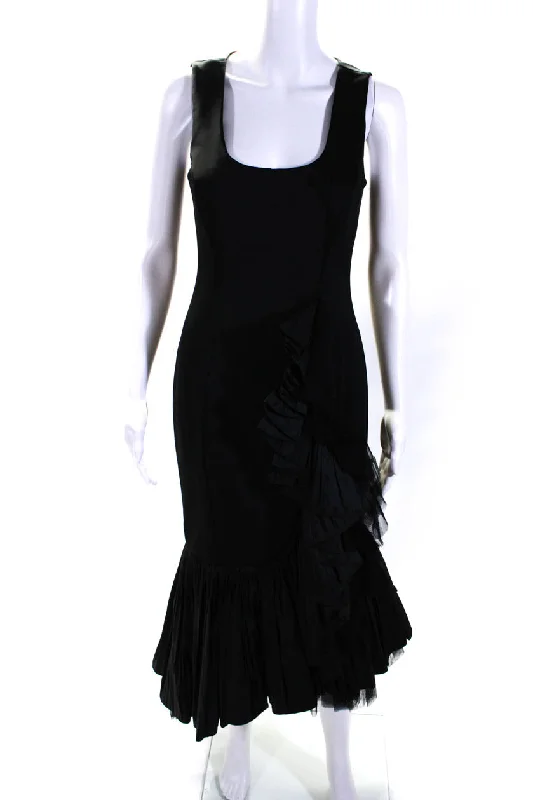 ladies-trumpet-dress-seasonal-fashion-Badgley Mischka Womens Scoop Neck Pleated Ruffle Midi Flare Dress Black