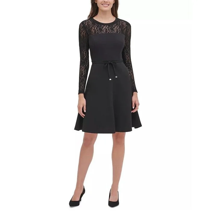 ladies-trumpet-dress-asymmetrical-Tommy Hilfiger Women's Lace-Sleeve Fit & Flare Dress Black Size 14