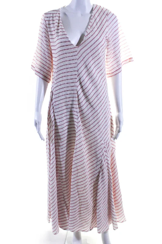 ladies-trumpet-dress-side-zipper-Rosie Assoulin Women's V-Neck Short Sleeves Flare Maxi Dress Red Stripe