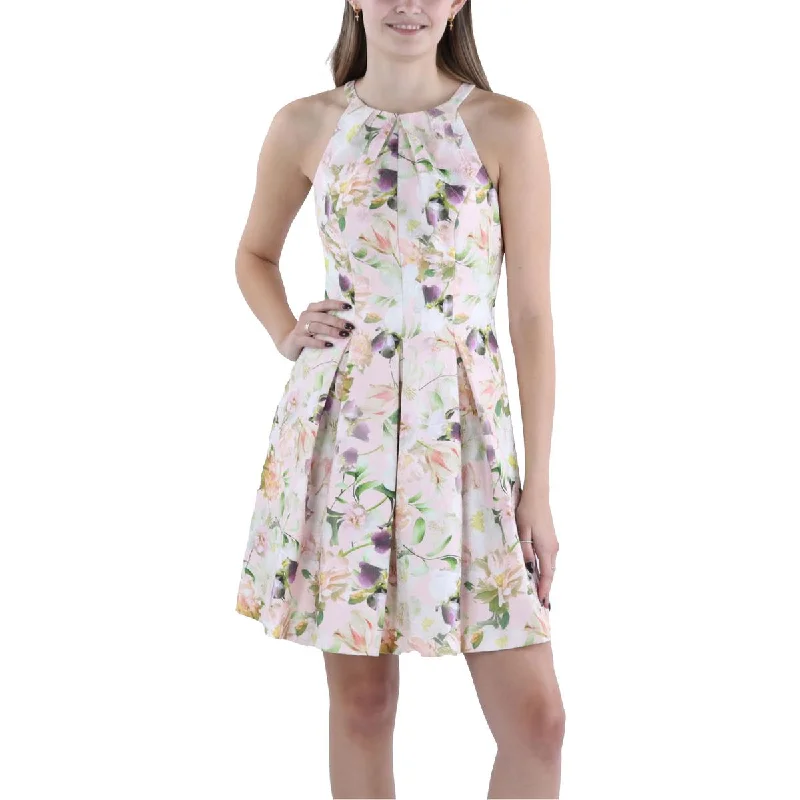 ladies-trumpet-dress-button-detail-Womens Pleated Floral Print Fit & Flare Dress