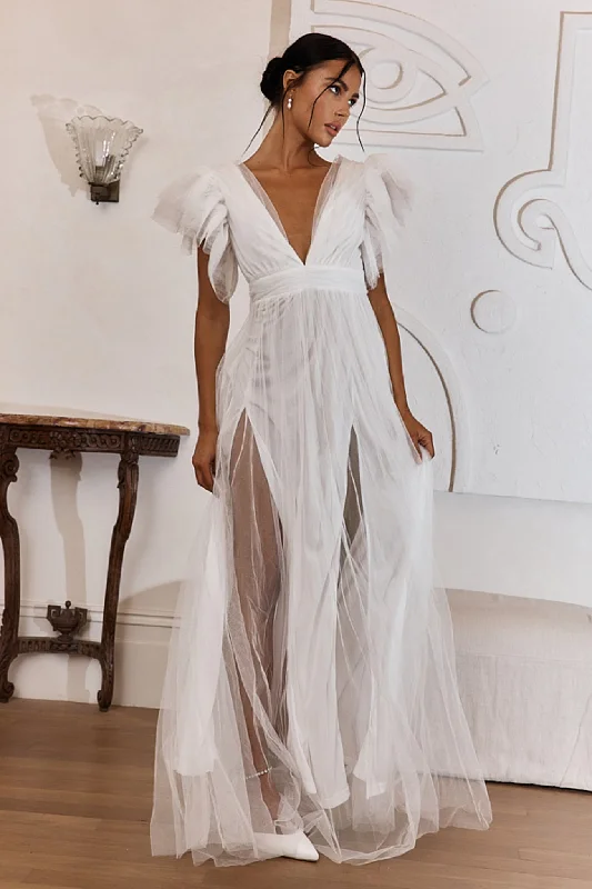 ladies-maxi-dress-online-sale-Heaven's Love Deep V-Neck Tulle Maxi Dress White