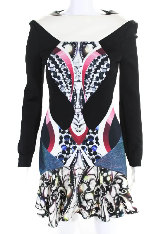 ladies-trumpet-dress-sheer-sleeve-PETER PILOTTO Womens Abstract Long Sleeve Fit & Flare Dress Multicolor