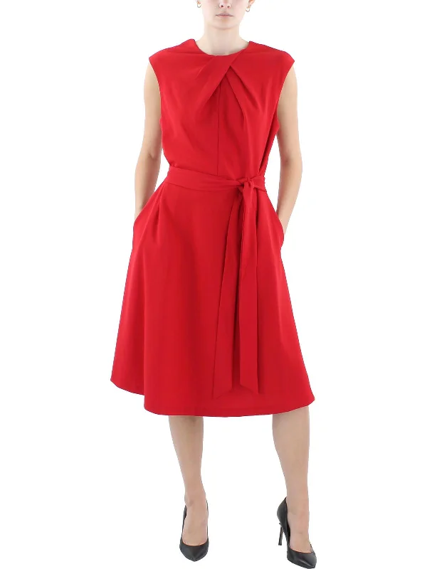 ladies-trumpet-dress-lightweight-Womens Pleated Knee-Length Fit & Flare Dress