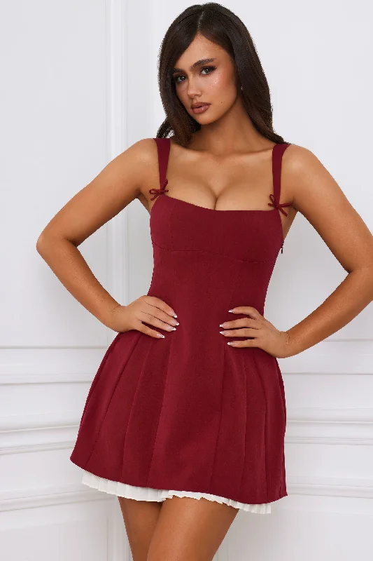 ladies-mini-dress-tassel-edge-Bow-Detail Pleated A-Line Mini Dress in Berry Red