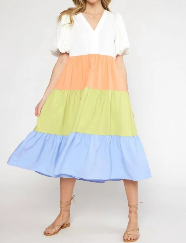 ladies-midi-dress-smocked-waist-The Encanto Tiered Color Block Midi Dress In Off White Combo