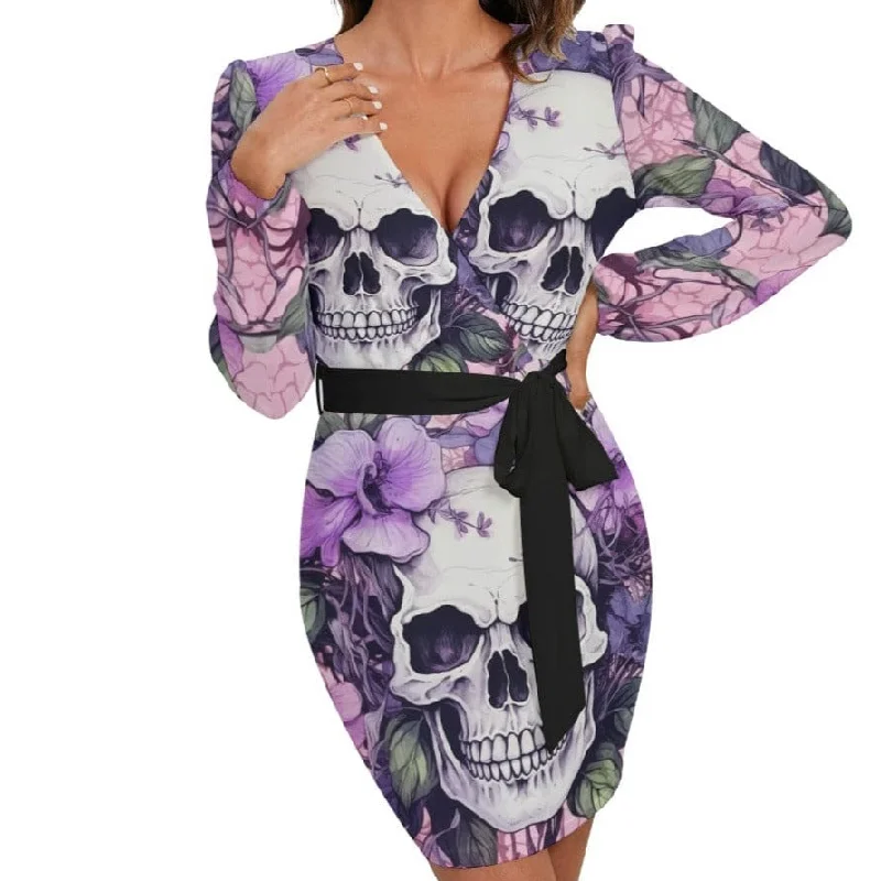 ladies-floral-dress-statement-piece-Women's Purple Floral Skulls Long Sleeve Dress With Waist Belt