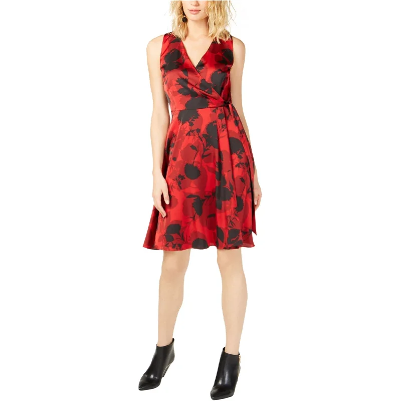 ladies-floral-dress-bell-sleeve-I-N-C Womens Floral Tie-Waist Surplice Dress, Red, 12