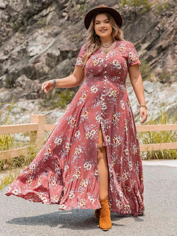 ladies-floral-dress-70s-inspired-Plus Size Floral Slit Ruffle Hem Dress