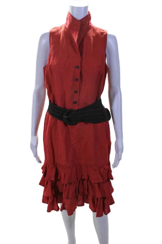 ladies-trumpet-dress-open-back-Lafayette 148 New York Women Ruffled Hem Sleeveless Fit & Flare Belted Dress Red