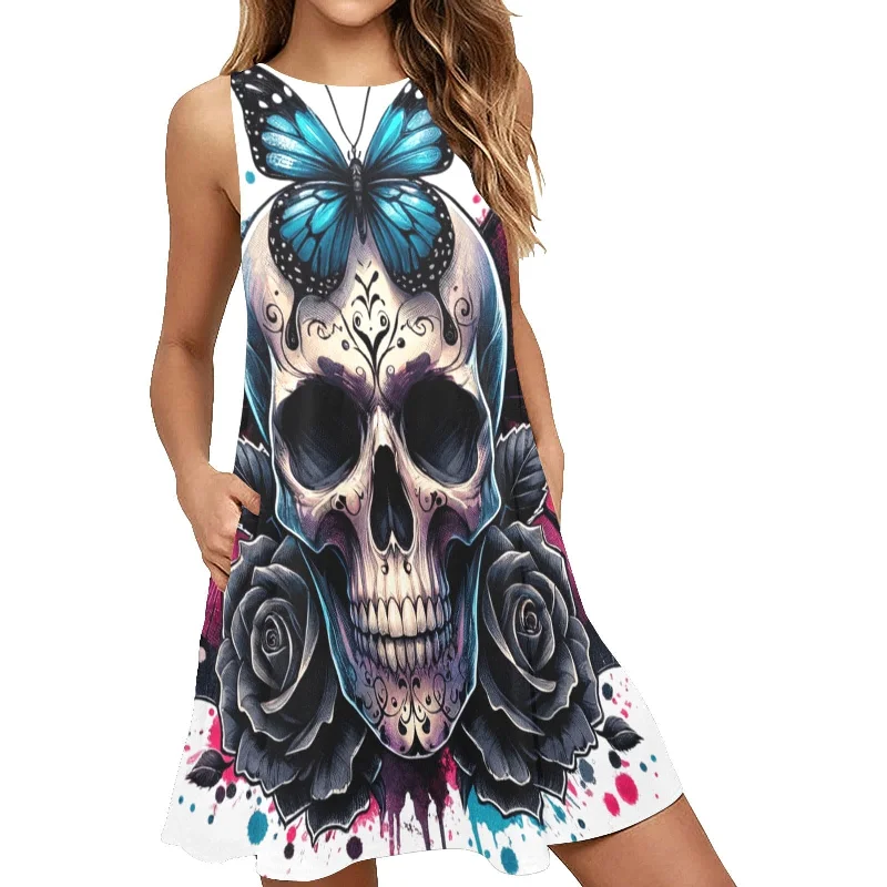 ladies-floral-dress-sweetheart-neck-Gothic Butterfly Skull Floral Sleeveless Dress