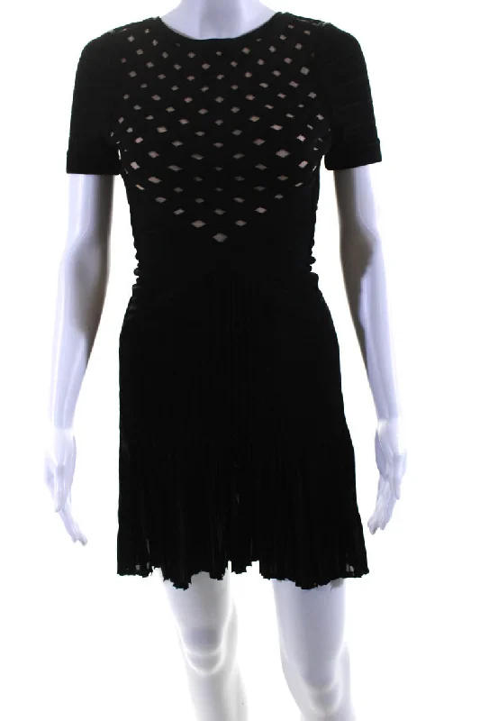 ladies-trumpet-dress-long-flared-Herve Leger Womens Black Textured Zip Short Sleeve Fit & Flare Dress