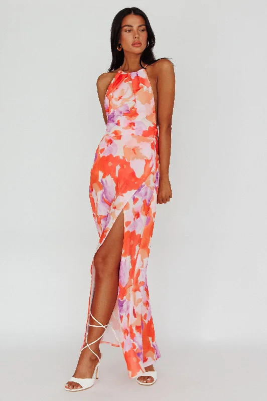 ladies-maxi-dress-party-wear-Val Cowl Back Maxi Dress Floral Orange