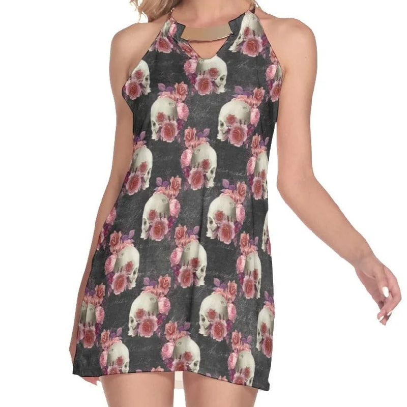 ladies-floral-dress-cowl-neck-Women's Pink Skulls Floral Round Neck Above Knee Dress