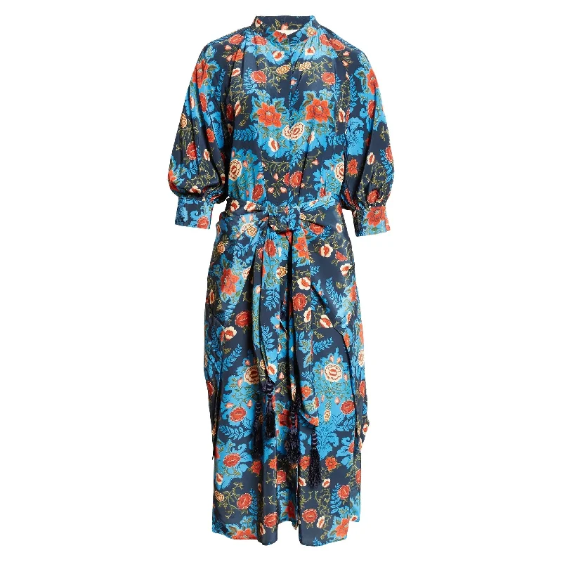 ladies-floral-dress-scoop-neck-Farm Rio Womens Tie Front Midi Dress Arabesque Floral Blue