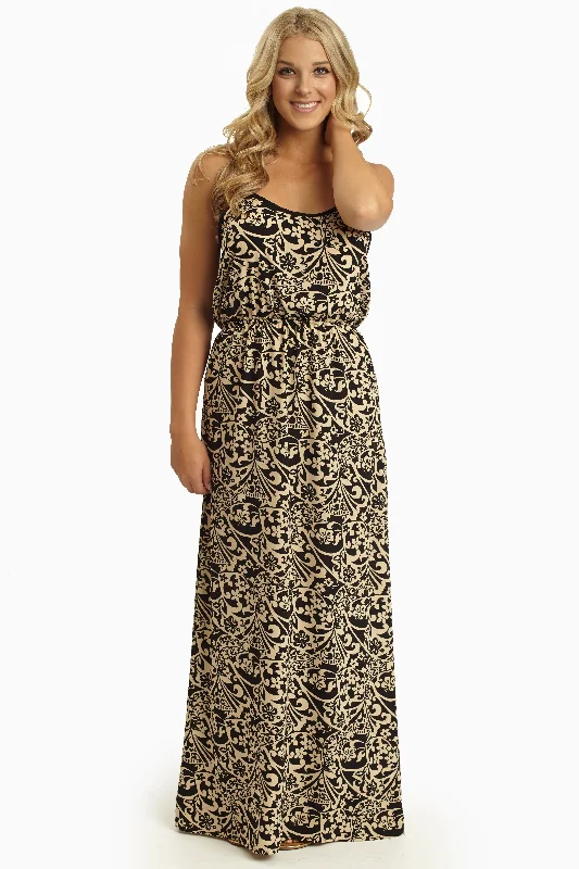 ladies-floral-dress-fresh-look-Black Beige Floral Printed Maxi Dress