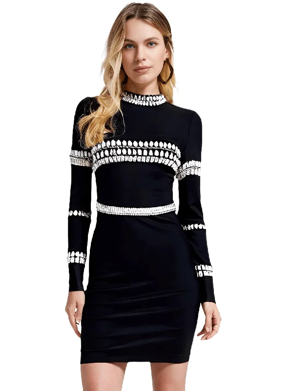 ladies-mini-dress-handmade-Elegant Long Sleeve Bandage Diamond Black Mini Dress Women