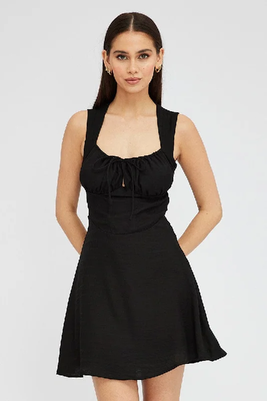 ladies-trumpet-dress-side-zipper-Black Fit and Flare Dress Sleeveless Corset