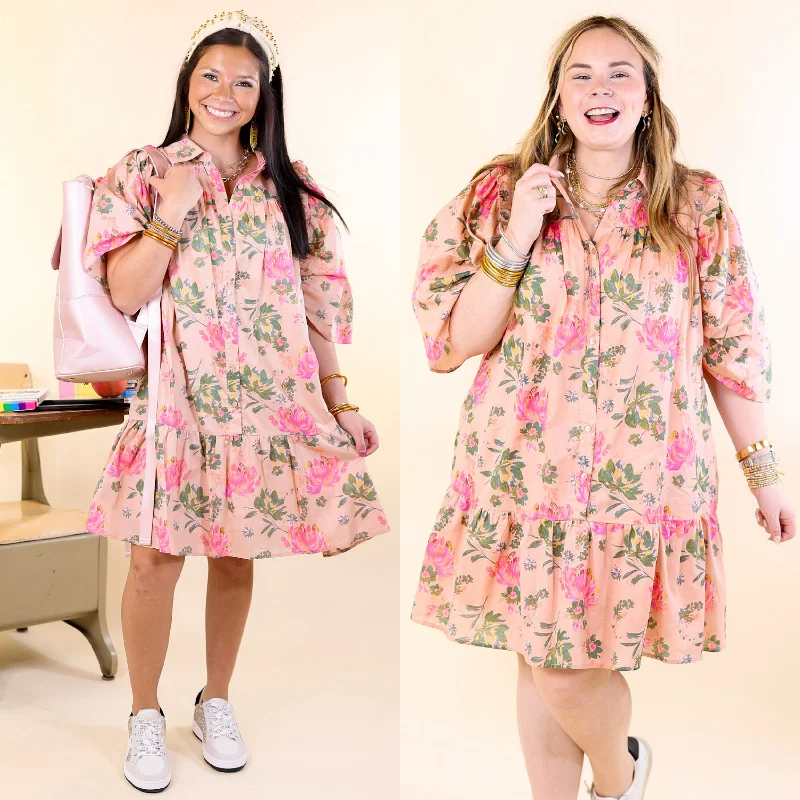 ladies-floral-dress-embroidery-Blooming Chic Button Up Floral Print Dress with Collar in Peach