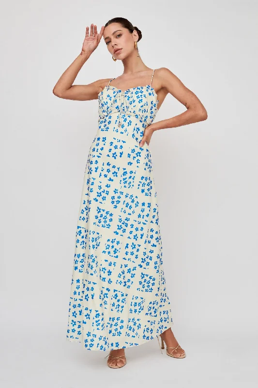 ladies-maxi-dress-teal-tone-Anja Frill Trim Maxi Dress Print Cream Blue