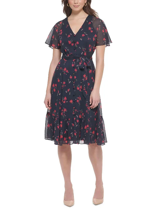 ladies-trumpet-dress-midi-length-Womens Floral Print Knee Length Fit & Flare Dress