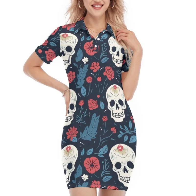 ladies-floral-dress-feminine-style-Women's Skull Red Blue Floral Polo Collar Dress