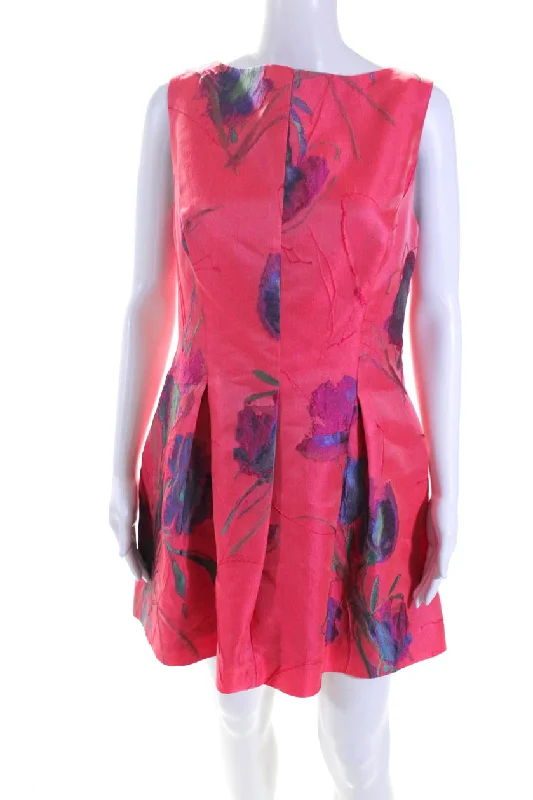 ladies-trumpet-dress-flowy-skirt-Lela Rose Womens Red Crepe Floral Crew Neck Sleeveless Fit & Flare Dress