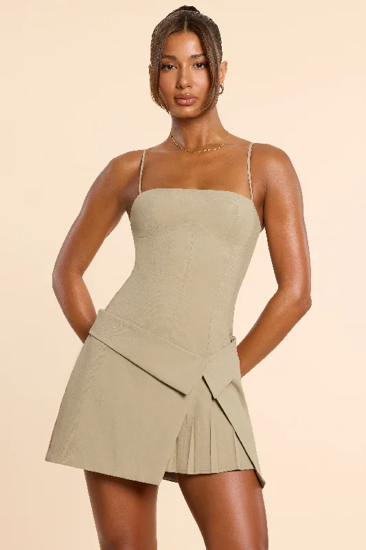 ladies-mini-dress-sweetheart-neck-Woven Twill Wrap Over Pleated Mini Dress in Taupe