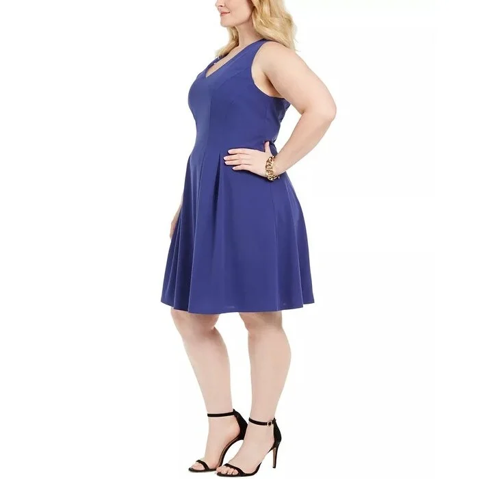 ladies-trumpet-dress-sleeveless-Teeze Me Juniors' Plus Size Sleeveless Fit & Flare Dress Blue Size 20