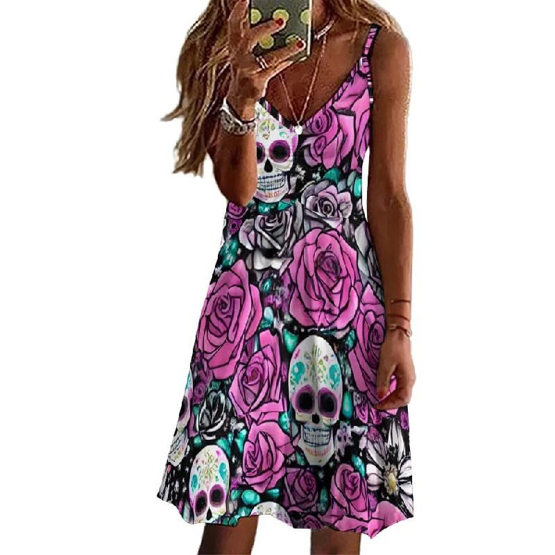 ladies-floral-dress-edgy-design-Women's Skull Pink Floral Long Dress