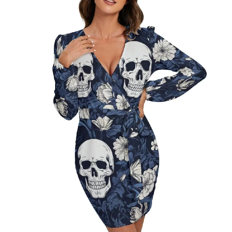 ladies-floral-dress-romantic-vibe-Women's Blue Floral Skulls V-Neck Long Sleeve Dress With Waist Belt