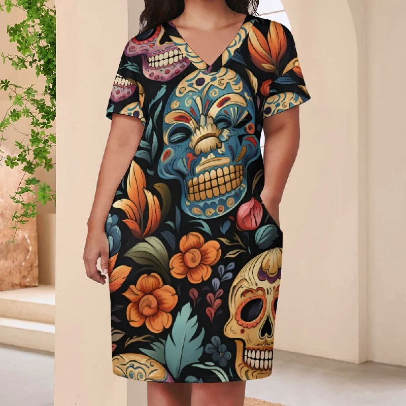 ladies-floral-dress-versatile-wear-Sugar Skulls Floral V-Neck Loose Pocket Short Sleeve Dress