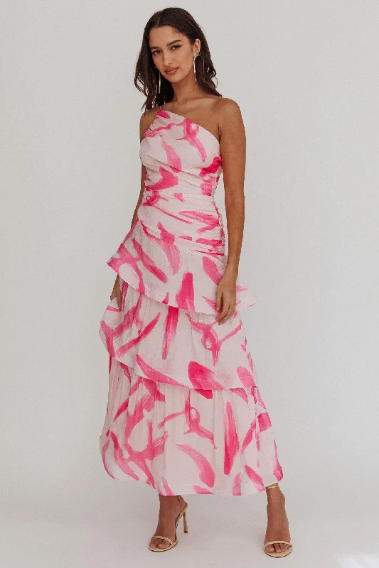 ladies-maxi-dress-romantic-vibe-Kenny One Shoulder Tiered Maxi Dress Print Pink